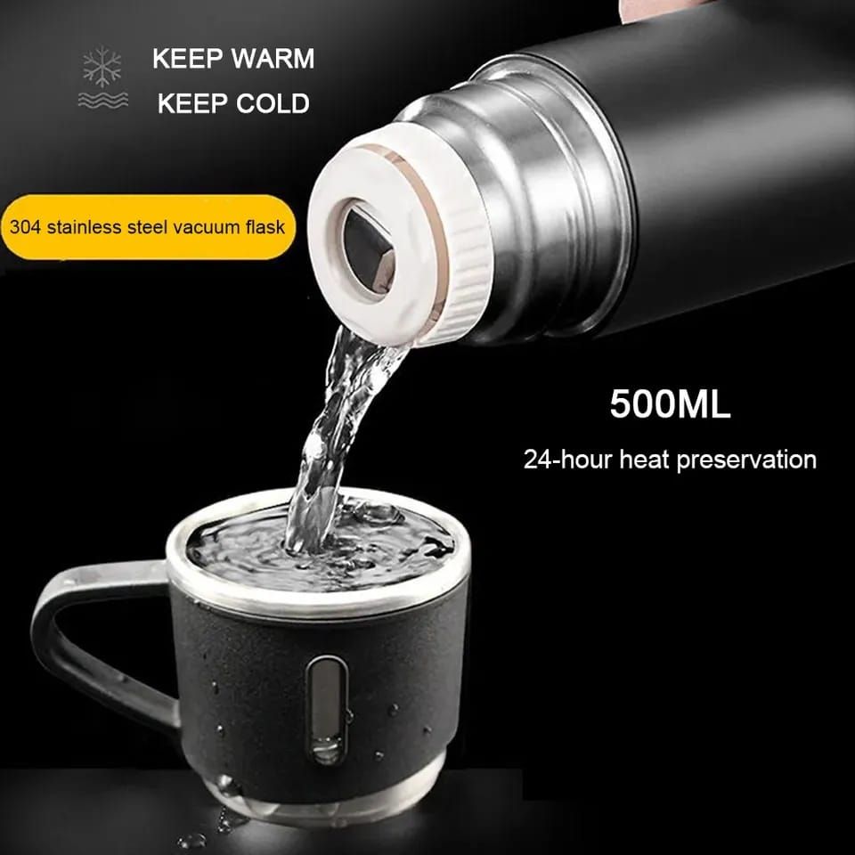 STAINLESS STEEL VACUUM FLASK SET, 500ML WITH 2CUPS (random color) View Gallery - Pakistan