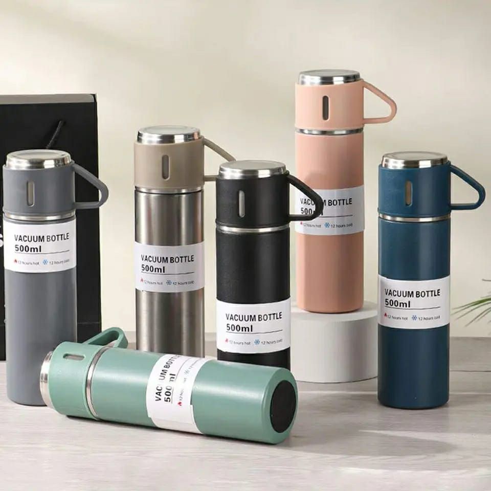 STAINLESS STEEL VACUUM FLASK SET, 500ML WITH 2CUPS (random color) View Gallery - Pakistan