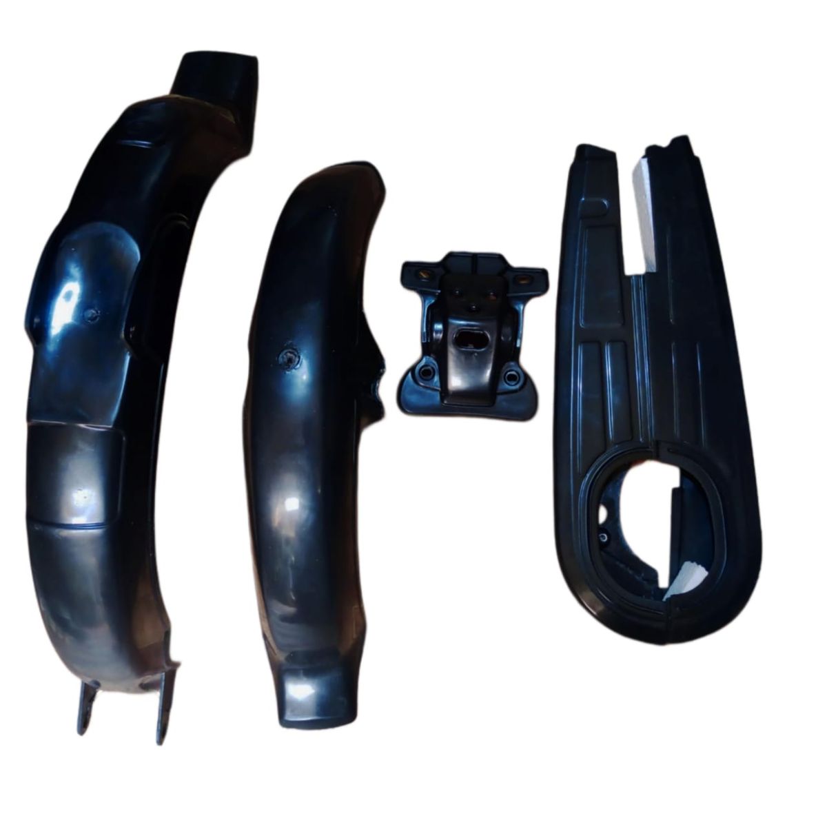 (Pack of 4) Unbreakable Plastic mudguards set plus chain cover and back light stand  for all 70cc bikes View Gallery - Pakistan