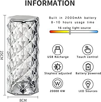 16 Colors Diamond Rose Crystal Lamp Bedside Acrylic Usb Rechargeable Table Lamp View Gallery - Pakistan