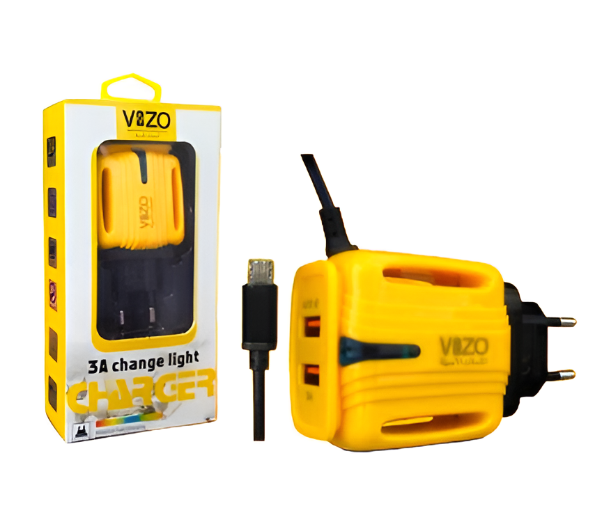 3A Light Change Charger with 2 USB Ports &amp;amp; Built-in Micro USB Cable | Best Quality Charger For Android | Vizo 3A Charger 