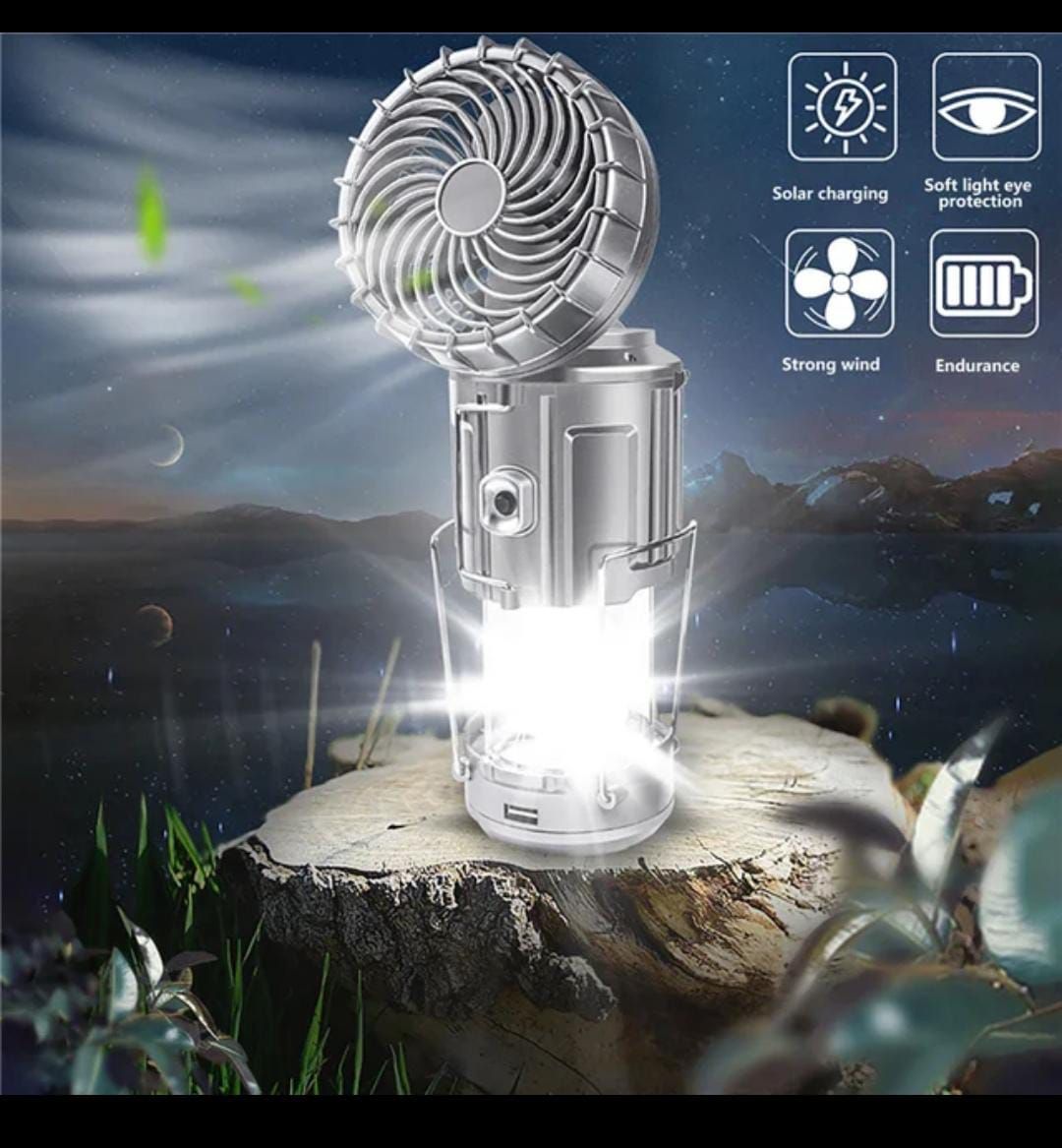 6 in 1 portable outdoor LED camping lantern with fan solar charge rechargeable light energy saving tent lamp flashlight View Gallery - Pakistan