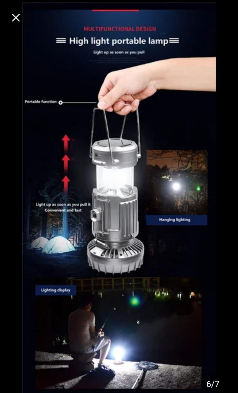 6 in 1 portable outdoor LED camping lantern with fan solar charge rechargeable light energy saving tent lamp flashlight View Gallery - Pakistan