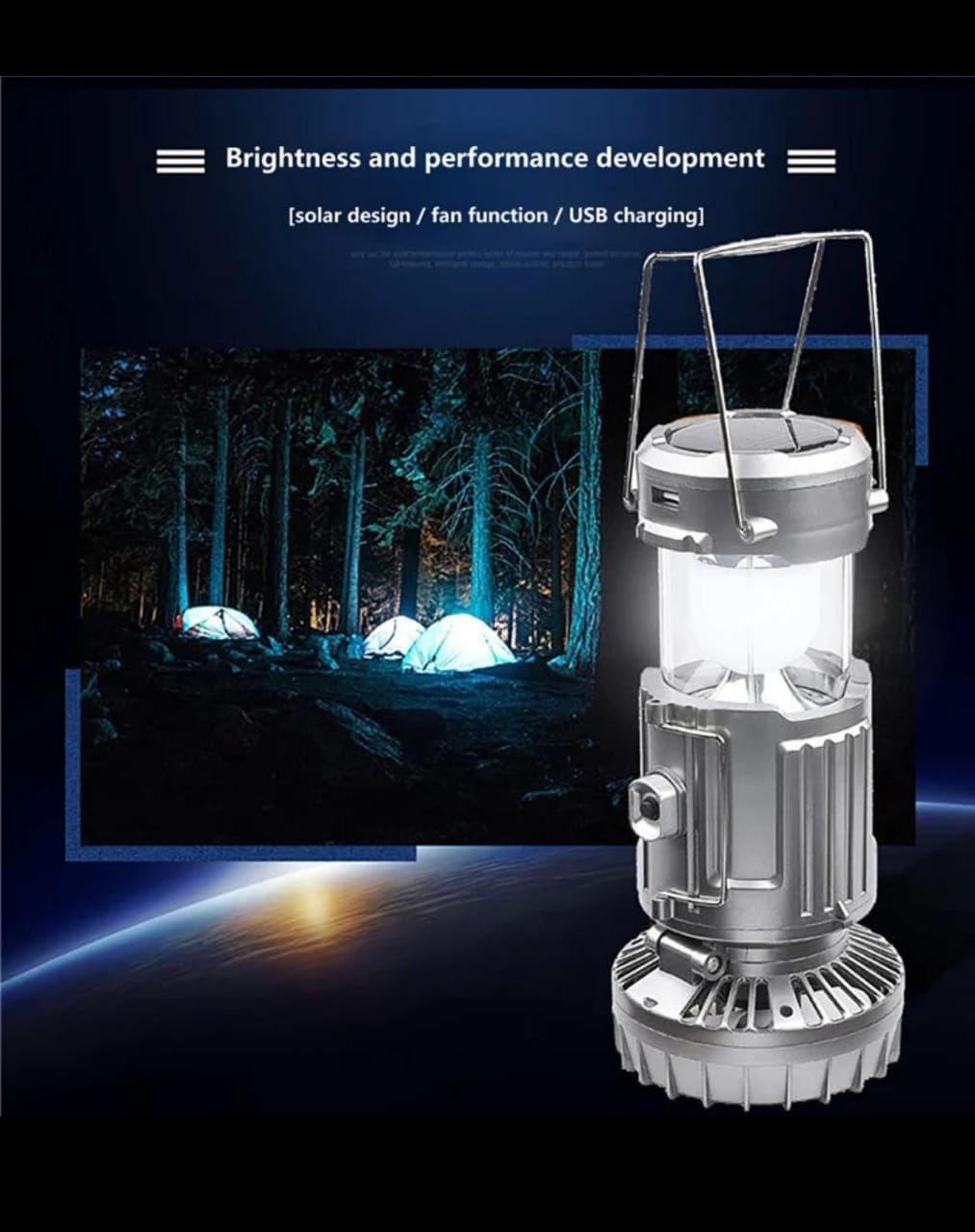 6 in 1 portable outdoor LED camping lantern with fan solar charge rechargeable light energy saving tent lamp flashlight View Gallery - Pakistan