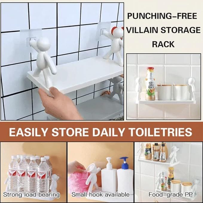 Multifunctional Self Adhesive Creative Character Shelves Bathroom Wall Mounted Shelf | Storage Rack for Bathroom, Kitchen &amp; Room - 1 Pc (White) View Gallery - Pakistan