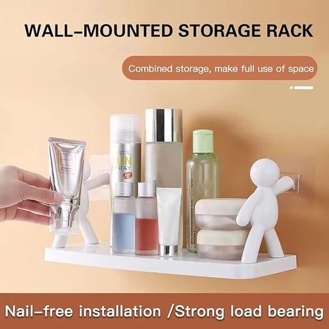 Multifunctional Self Adhesive Creative Character Shelves Bathroom Wall Mounted Shelf | Storage Rack for Bathroom, Kitchen &amp; Room - 1 Pc (White) View Gallery - Pakistan