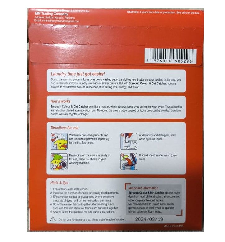 Sprouutt Color Grabber - 8 Sheets Stain Remover | Protects Laundry From Color Runs or Bleeds | Color Catcher, Dye Trapping Sheet View Gallery - Pakistan