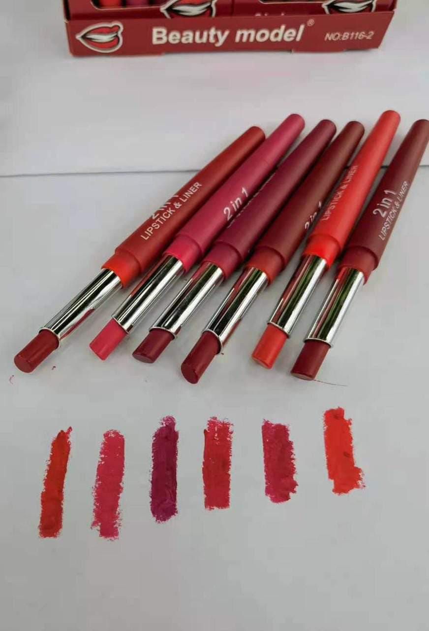 2-in-1 Lipstick &amp; Lip Liner Pack – 6 Vibrant Colors, Waterproof &amp; Long-Lasting View Gallery - Pakistan
