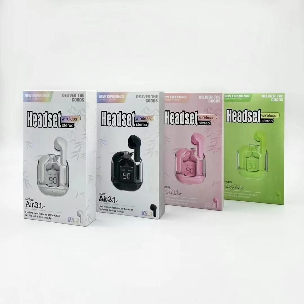 Pack of 12 - Air31 Earbuds Wireless Crystal Transparent body - with silicone pouch (random color) View Gallery - Pakistan