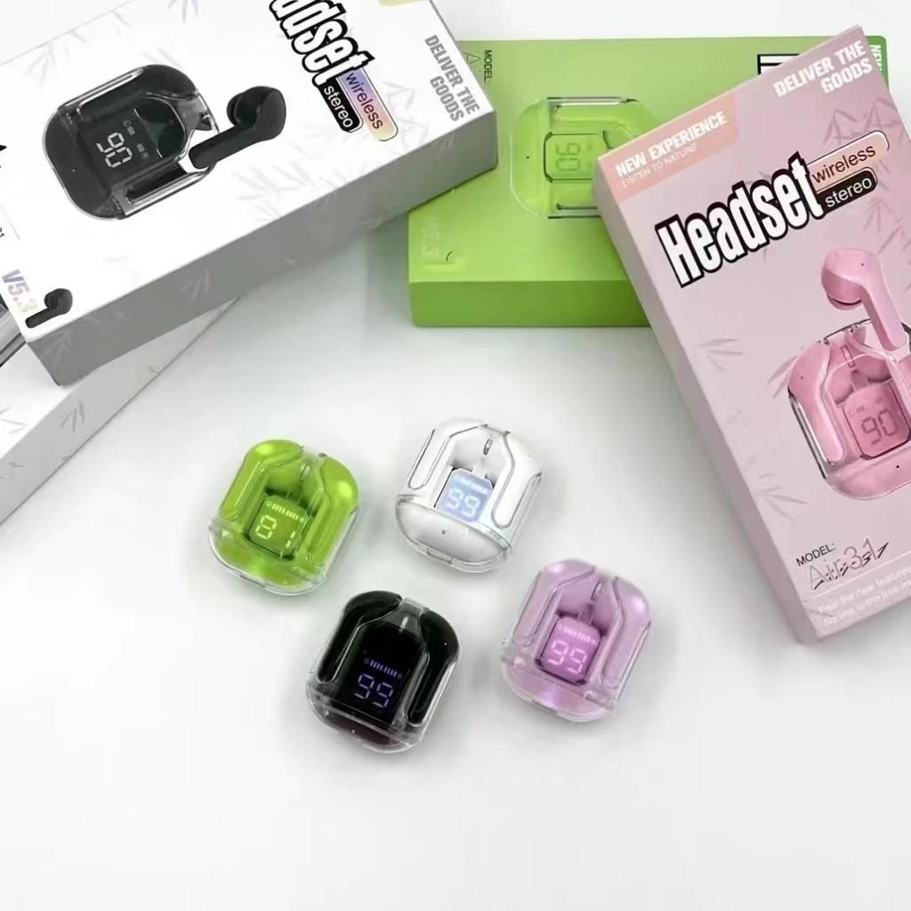 Pack of 12 - Air31 Earbuds Wireless Crystal Transparent body - with silicone pouch (random color) View Gallery - Pakistan