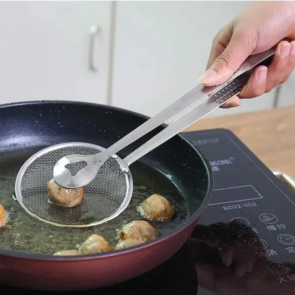 2 IN 1 FRYING TONG | Imported Small Multi-functional 2 in 1 Fry Tool Filter Spoon Strainer With Clip, Oil Frying BBQ Filter Stainless Steel Mesh View Gallery - Pakistan