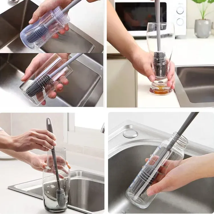Silicone Feeder Bottle Brush Glass Brush Cup Brushes Long Handle | Silicone Bottle Cleaning Brush With Long Handler (Random color) View Gallery - Pakistan