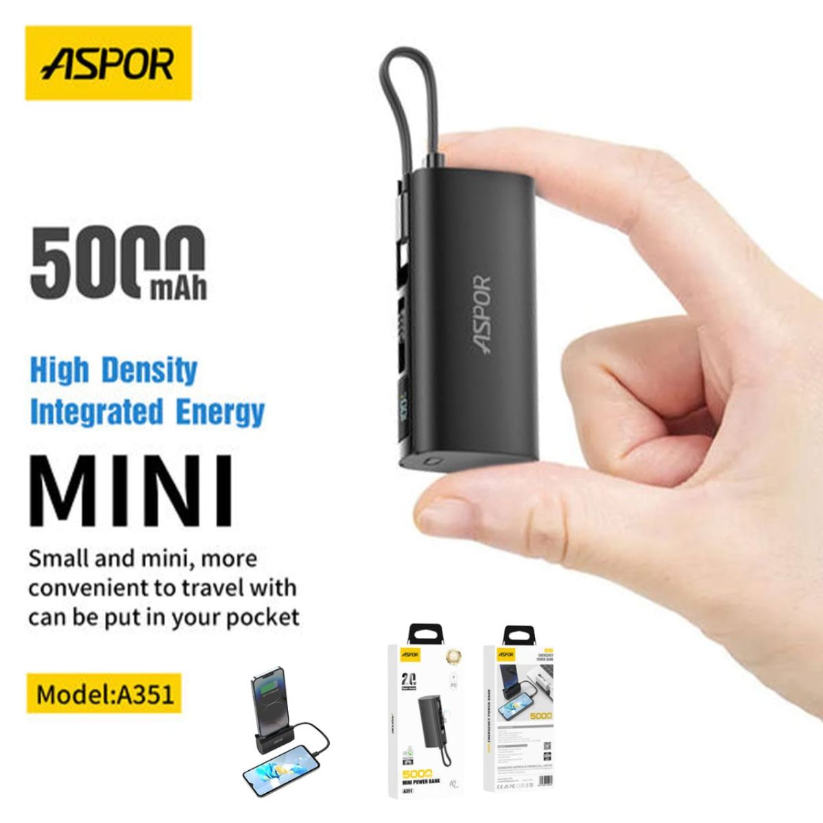 Aspor A351 2in1 Iphone &amp;amp; Type-C Flexible Portable Mini 5000mah Power Bank
