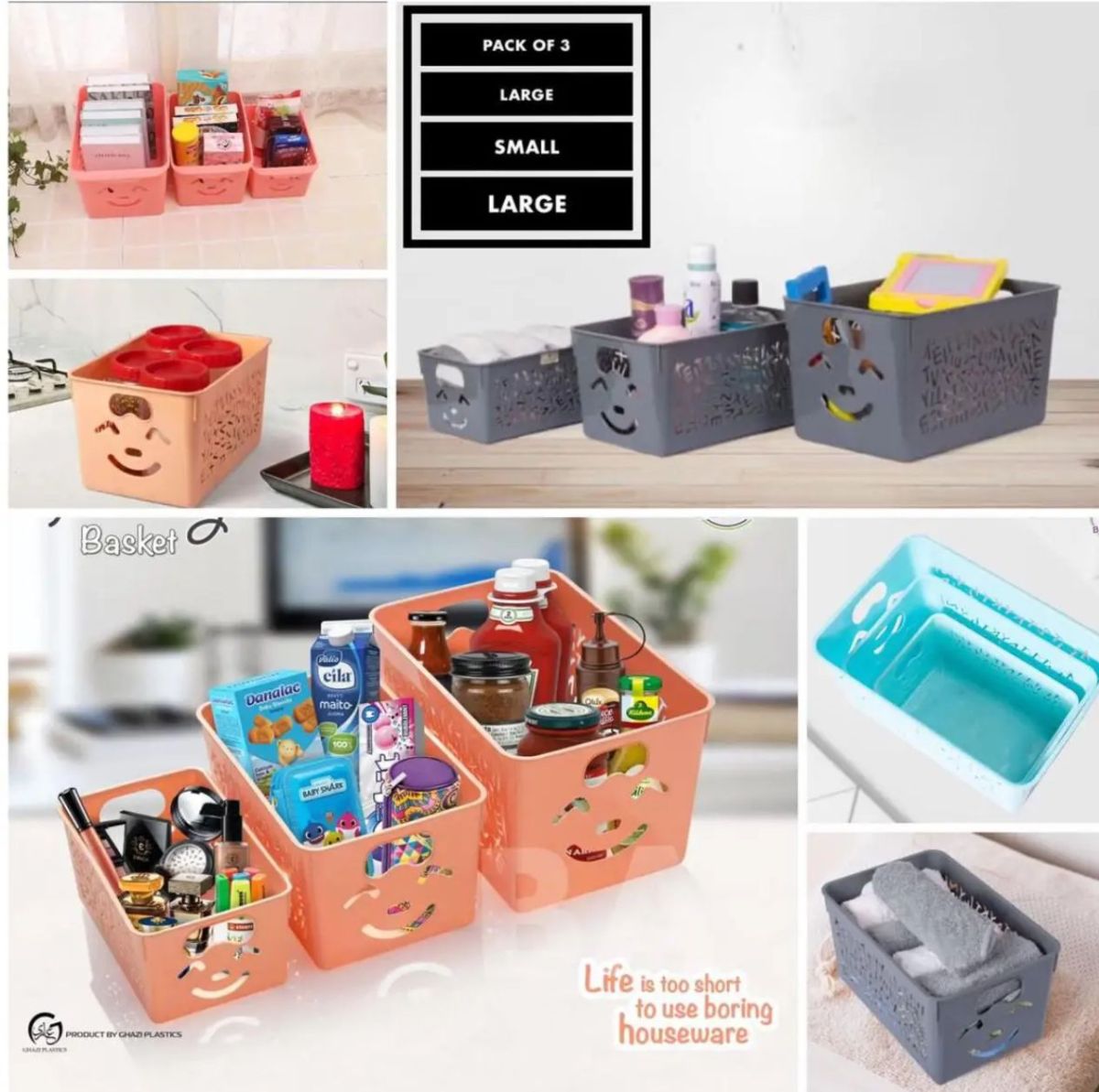 Smile basket Without cap pack off 3 | Storage Organizer Basket |  Multipurpose Baskets For Kitchen, Home, Office &amp; Bathroom (Random color) View Gallery - Pakistan
