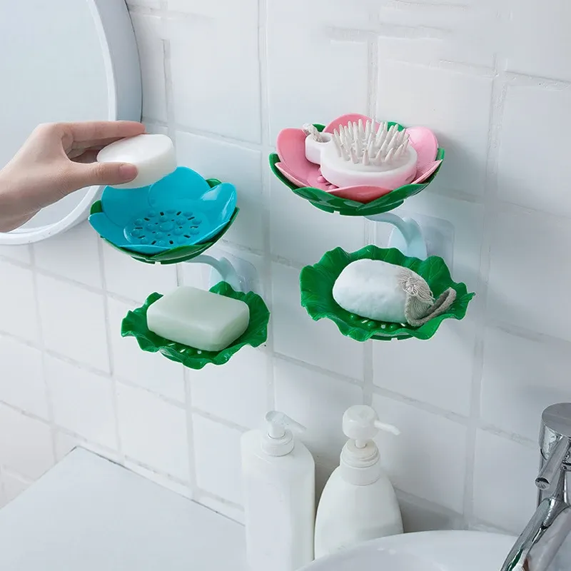 Double Wall Hanging Drain Soap Box Multifunctional Lotus Flower Shaped Soap Holder Bathroom Rack Household Non-slip Storage Hook (Random colors) View Gallery - Pakistan