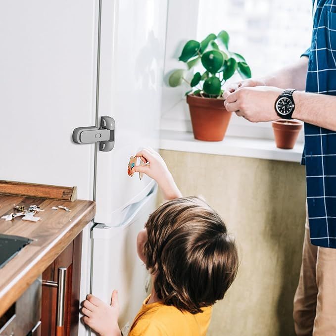 Child Safety Fridge Lock , Baby Safety Refrigerator Freezer Door Lock, No Tools Need or Drill (Grey) - 1 PC View Gallery - Pakistan