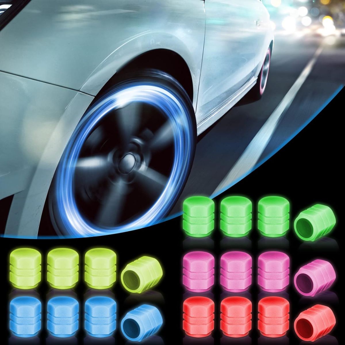 PACK OF TWO Glow in The Dark Tire Valve Caps Fluorescent Stem Car Universal Air Cap Auto Covers Cars Motorcycles SUV Trucks Bikes Accessories ( Random Colors ) View Gallery - Pakistan