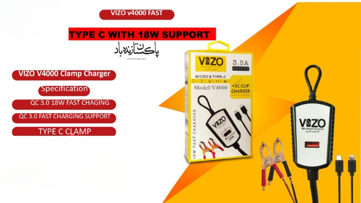 V4000 Dual Cable Clip Charger | Best Quality Type C Charger - 18W Charger - Vizo Charger | DC Clip Charger with Micro &amp; Type-C Cable - 3.5 A View Gallery - Pakistan