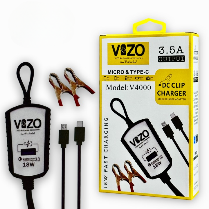 V4000 Dual Cable Clip Charger | Best Quality Type C Charger - 18W Charger - Vizo Charger | DC Clip Charger with Micro &amp; Type-C Cable - 3.5 A View Gallery - Pakistan