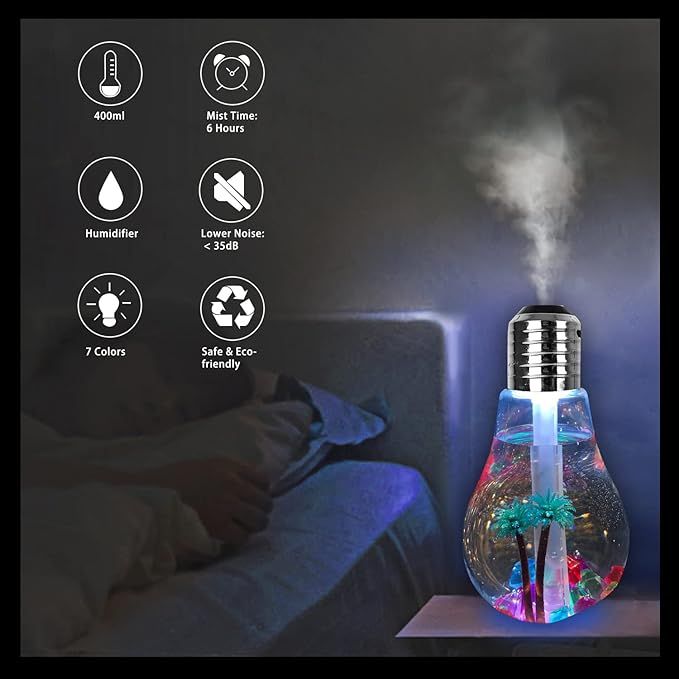 USB Air Humidifier | Bulb Humidifier Lamp Shape | Decorative Lights Diffuser, Purifier Atomizer With Colorful LED Night Light for Office Desk, Bedroom, Living Room, Home Decor View Gallery - Pakistan