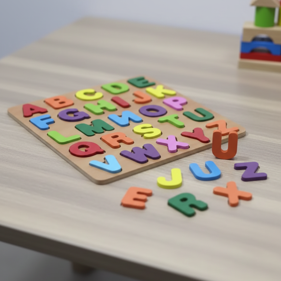 Wooden ABC Alphabet & Shape Puzzle Board For Kids | Colorful Learning Letters Educational Toy View Gallery - Pakistan