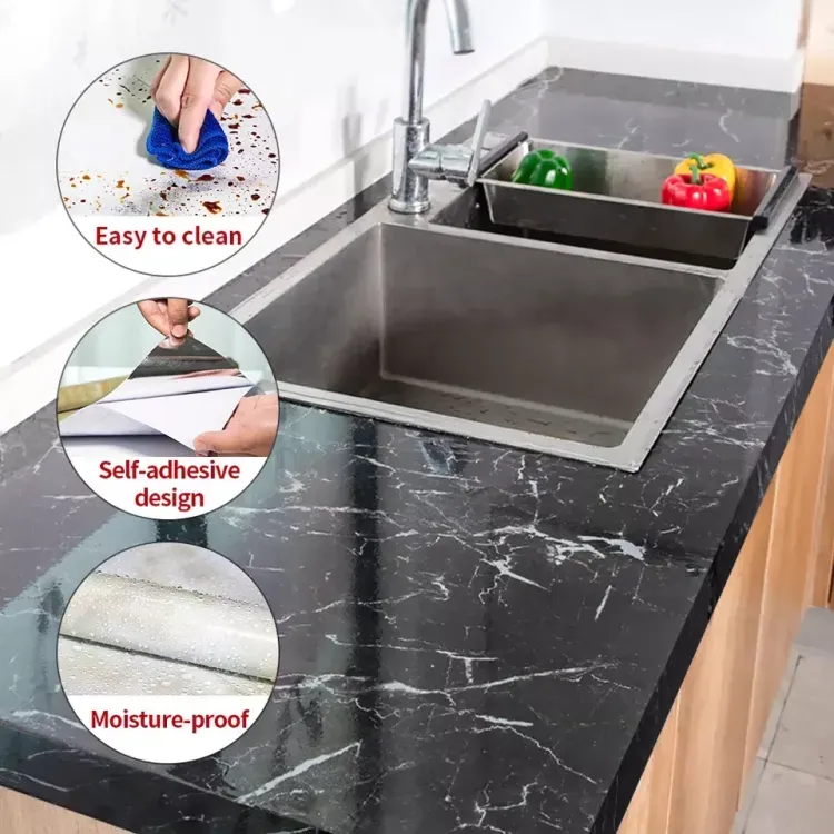 Self Adhesive Black Marble Sheet for Kitchen / Waterproof Anti Oil &amp; Heat Resistant Wallpaper Sheet (Black) View Gallery - Pakistan