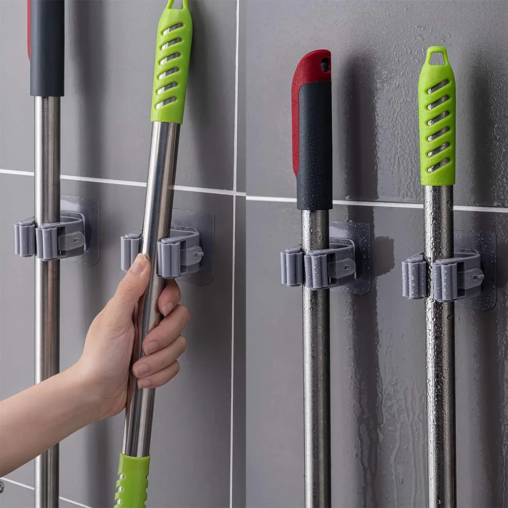 Pack of 3 Mop and Broom Self Adhesive Holder Wall Mount Magic Hanger Organizer Cleaning Tools Storage Mop Rack (Random Color) View Gallery - Pakistan