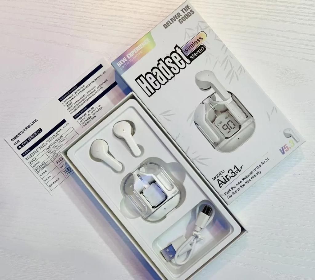 Air31 Earbuds Wireless Crystal Transparent body - Without Silicone Pouch ( random color ) View Gallery - Pakistan