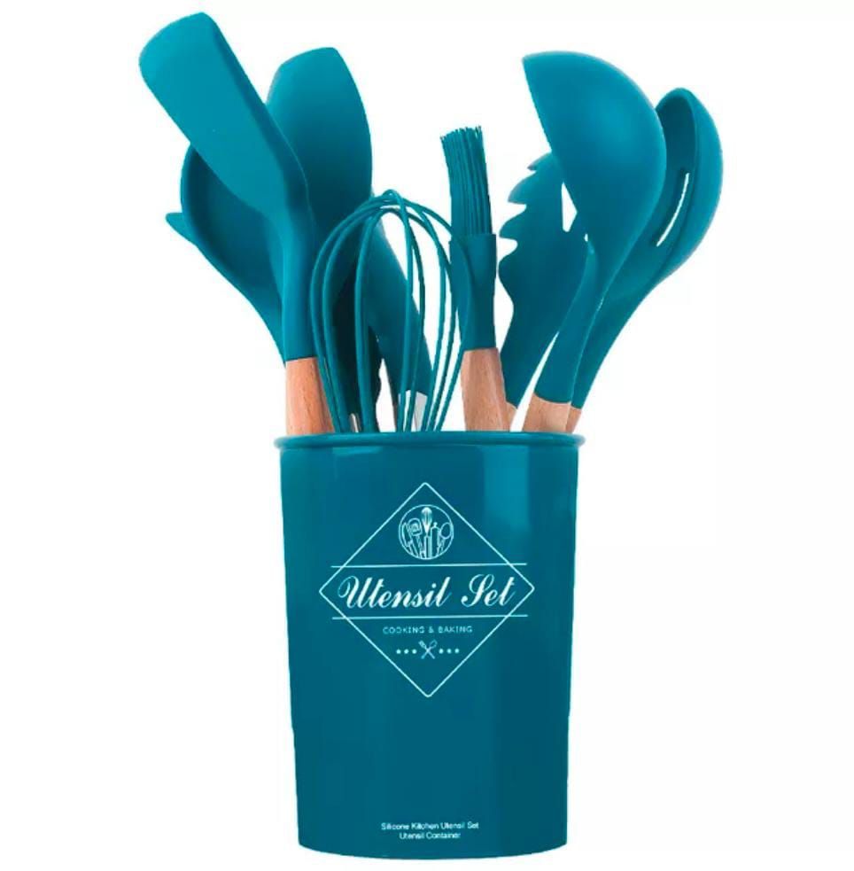 12 pcs set Wooden Handle Silicone Kitchen Utensils With Storage Bucket High Temperature Resistant And Non Stick Pot Spatula Spoon( random color ) View Gallery - Pakistan