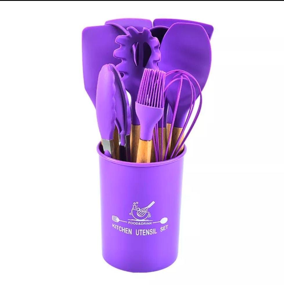 12 pcs set Wooden Handle Silicone Kitchen Utensils With Storage Bucket High Temperature Resistant And Non Stick Pot Spatula Spoon( random color ) View Gallery - Pakistan