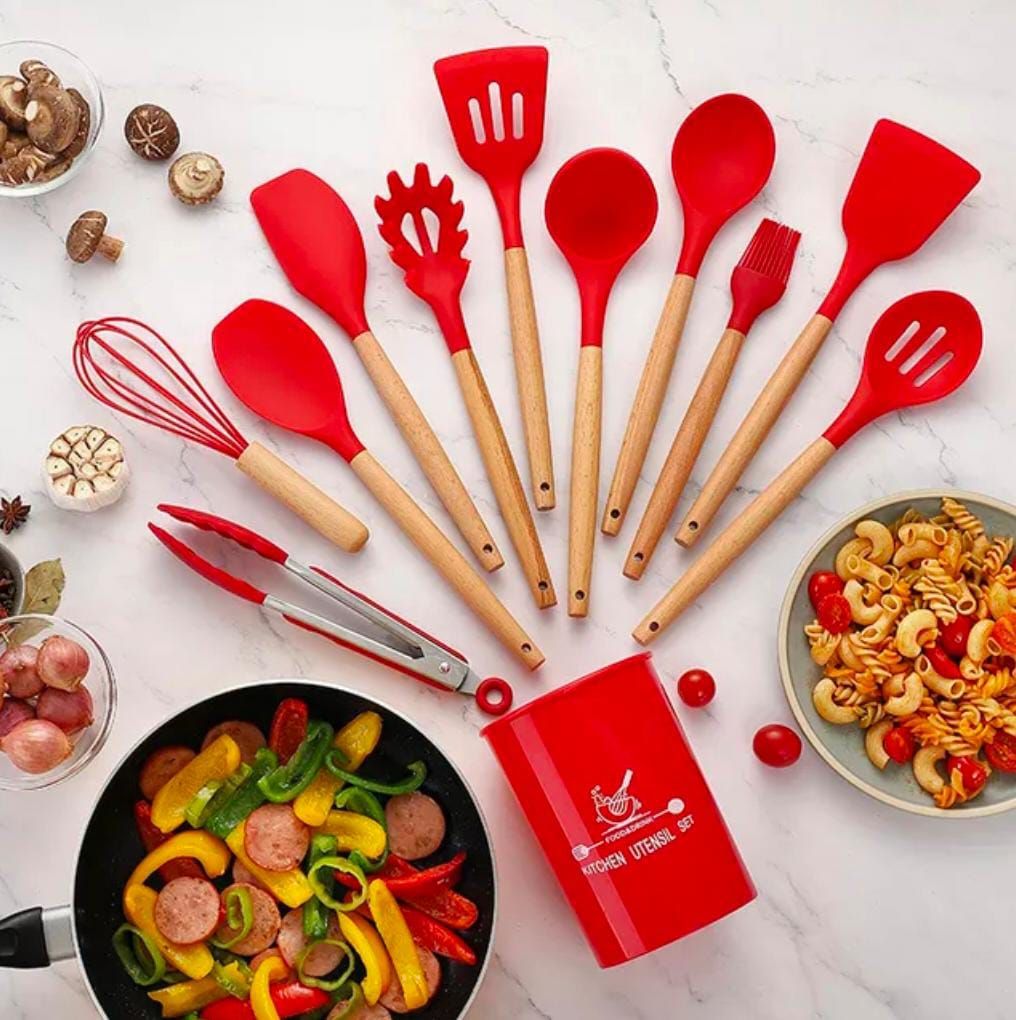 12 pcs set Wooden Handle Silicone Kitchen Utensils With Storage Bucket High Temperature Resistant And Non Stick Pot Spatula Spoon( random color ) View Gallery - Pakistan