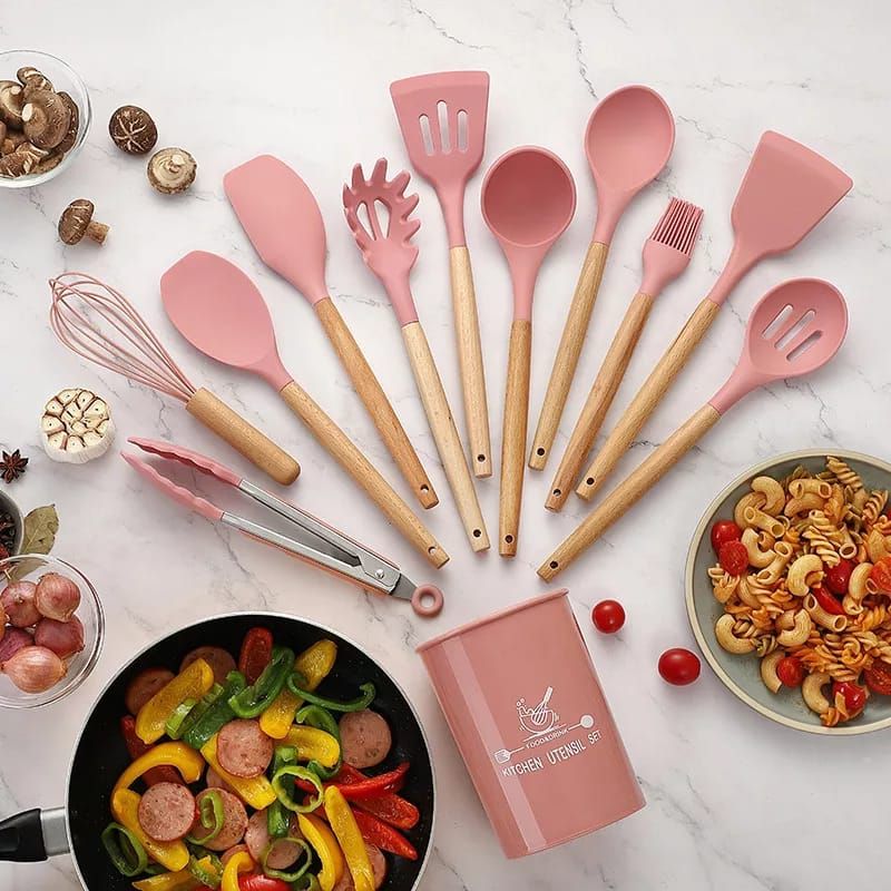 12 pcs set Wooden Handle Silicone Kitchen Utensils With Storage Bucket High Temperature Resistant And Non Stick Pot Spatula Spoon( random color ) View Gallery - Pakistan