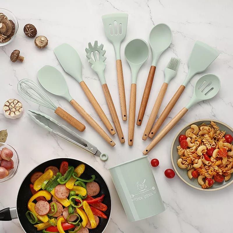 12 pcs set Wooden Handle Silicone Kitchen Utensils With Storage Bucket High Temperature Resistant And Non Stick Pot Spatula Spoon( random color ) View Gallery - Pakistan