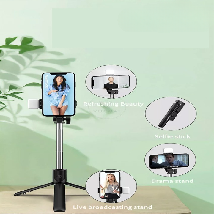 Selfie Stick With LED Light Wireless Bluetooth Foldable Mini Tripod Stand Mobile Holder With Fill Light Shutter Remote Control For IOS Android View Gallery - Pakistan