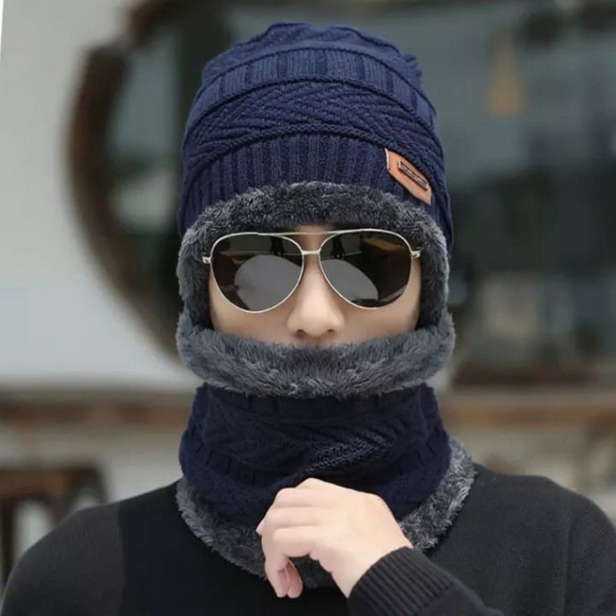 Winter Cap and neck Elastic Knitting Thick Fleece Warm Woolen Beanie Cap Sport Hat &amp; Neck Scarf Set 2 Piece(Random colors) View Gallery - Pakistan
