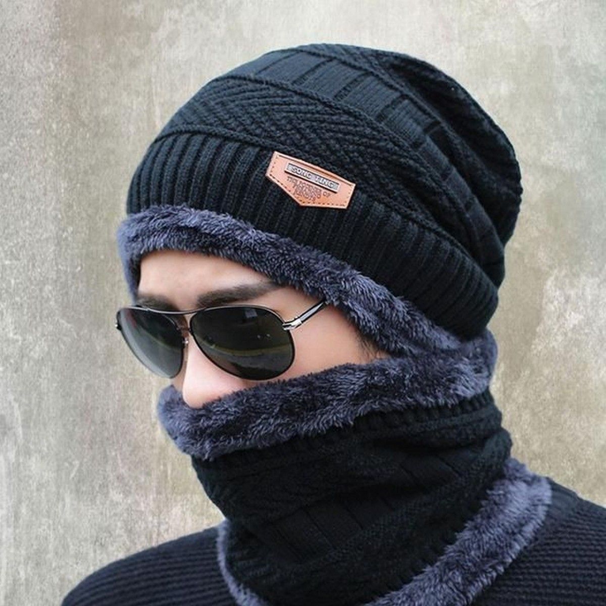 Winter Cap and neck Elastic Knitting Thick Fleece Warm Woolen Beanie Cap Sport Hat &amp; Neck Scarf Set 2 Piece(Random colors) View Gallery - Pakistan