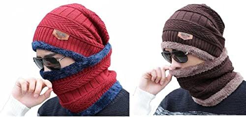 Winter Cap and neck Elastic Knitting Thick Fleece Warm Woolen Beanie Cap Sport Hat &amp; Neck Scarf Set 2 Piece(Random colors) View Gallery - Pakistan