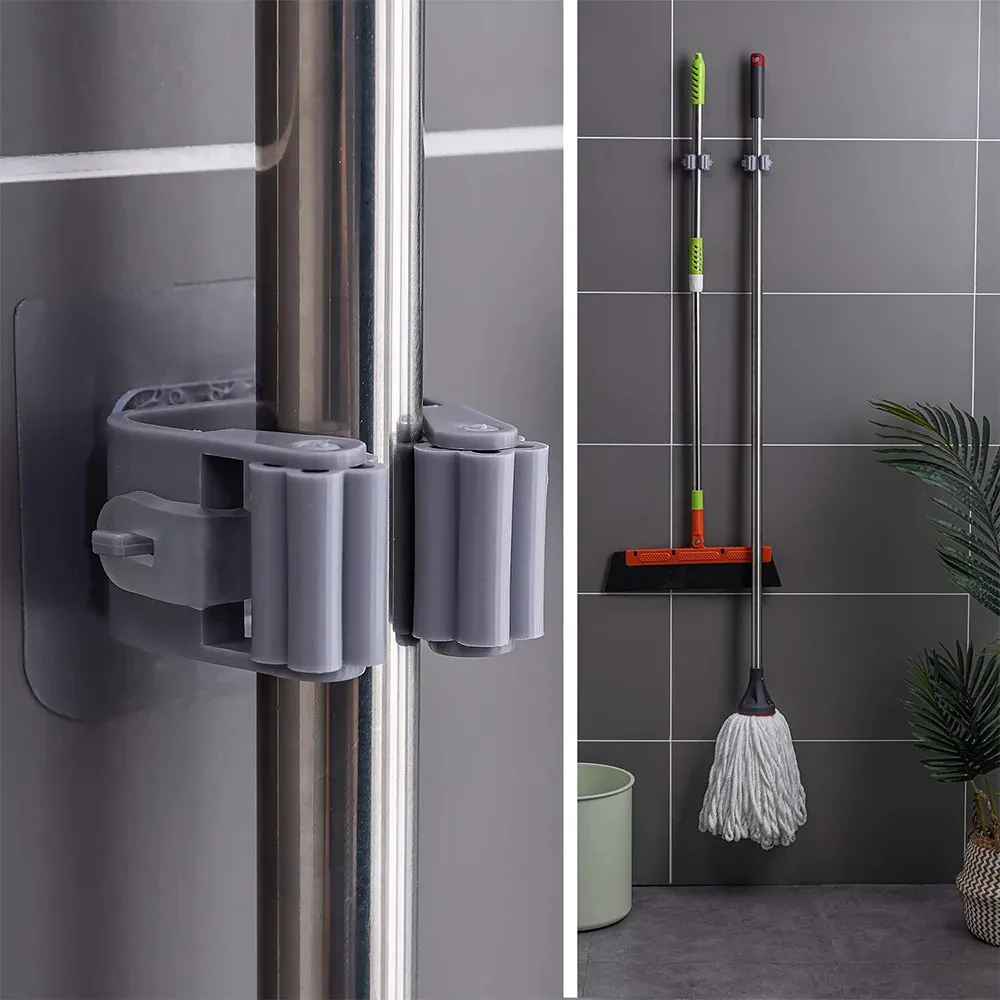 1 Pc Mop And Broom Self Adhesive Holder Wall Mount Magic Hanger Organizer Cleaning Tools Storage Mop Rack (random Color) View Gallery - Pakistan