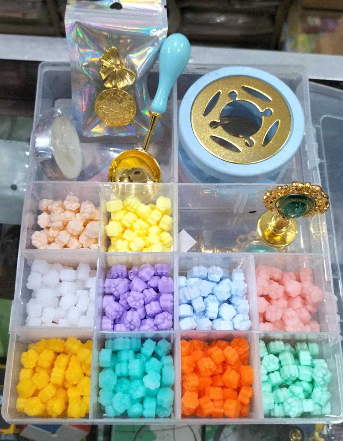 Wax Set With 3 Different Brass Stamps With Holder - Spoon - Candle - Heating Stand (10 colors wax About 520 beans) View Gallery - Pakistan