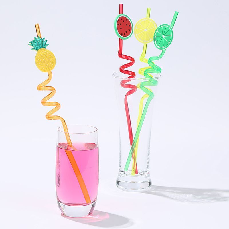 4Pcs Cartoon Lime Lemon Pineapple Watermelon Plastic Spiral Drinking Straws Children (random color ) View Gallery - Pakistan