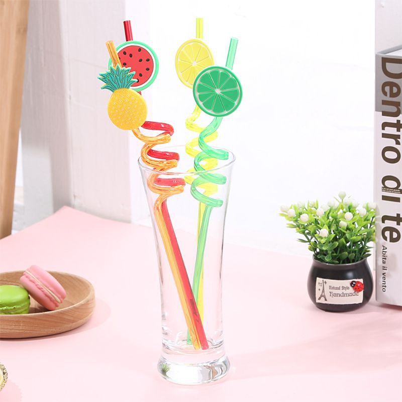 4Pcs Cartoon Lime Lemon Pineapple Watermelon Plastic Spiral Drinking Straws Children (random color ) View Gallery - Pakistan