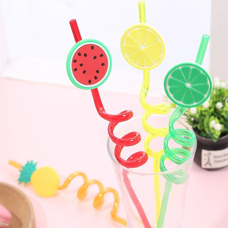 4Pcs Cartoon Lime Lemon Pineapple Watermelon Plastic Spiral Drinking Straws Children (random color ) View Gallery - Pakistan