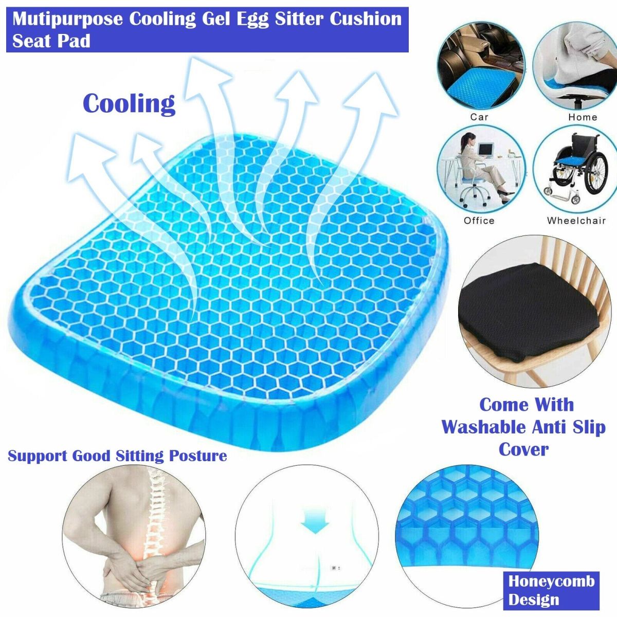 (With black cover) - Non Slip Egg Sitter Gel Seat Cushion Soft Sitting Support Pad Cushion for Car and Office Chair Seat Pads Breathable Honeycomb Bike seat foam View Gallery - Pakistan
