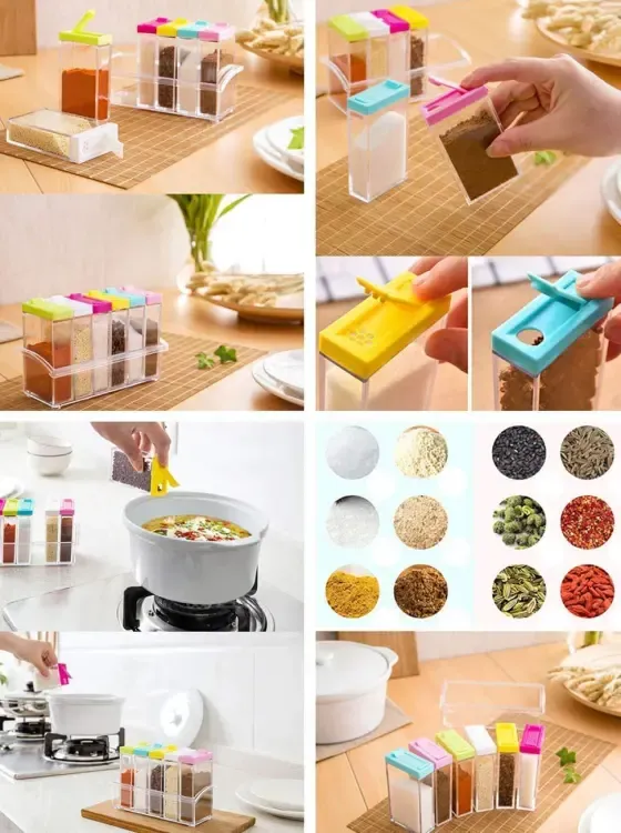 Spice Jars Dispenser Masala Rack Easy Flow Storage Crystal Seasoning Box Multicolour Set of 6 View Gallery - Pakistan