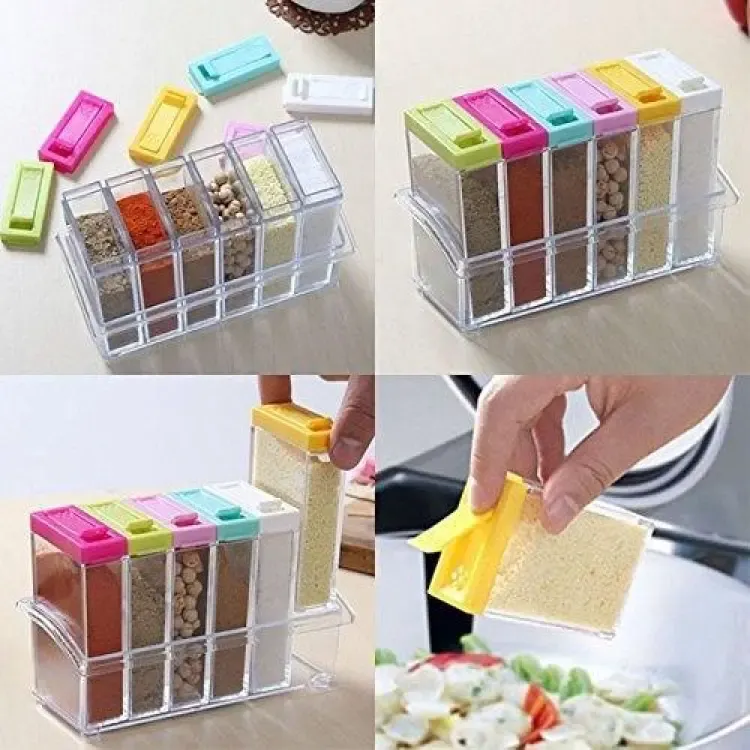 Spice Jars Dispenser Masala Rack Easy Flow Storage Crystal Seasoning Box Multicolour Set of 6 View Gallery - Pakistan