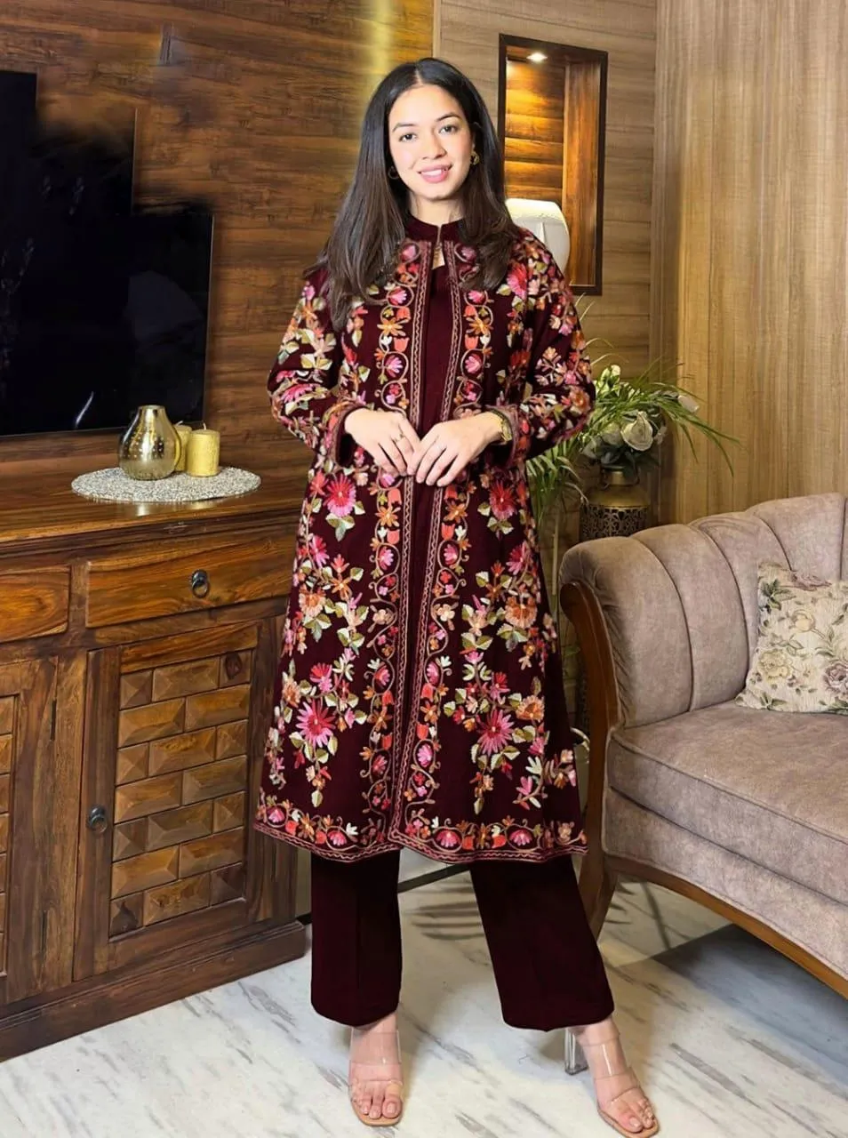 3 Pcs Women's Stitched Shamoz Silk Embroidered Gown Suit