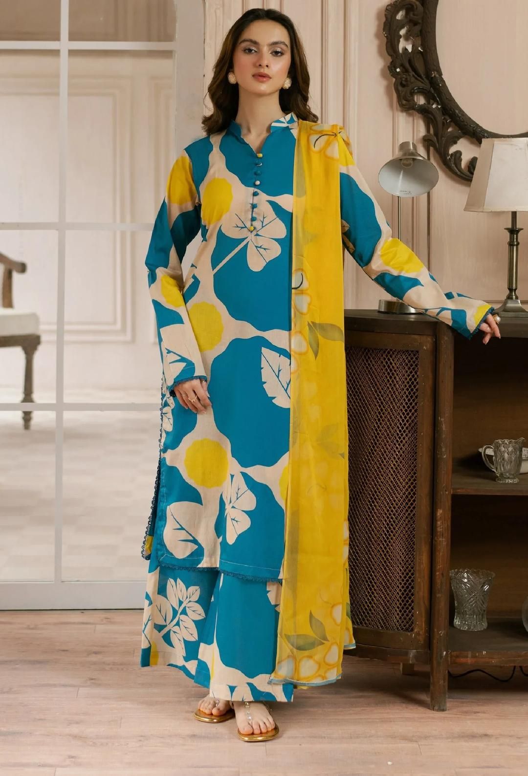 Women's Printed Lawn 3-Piece Suit Yellow - Online Shopping in Pakistan - BUNDLIV