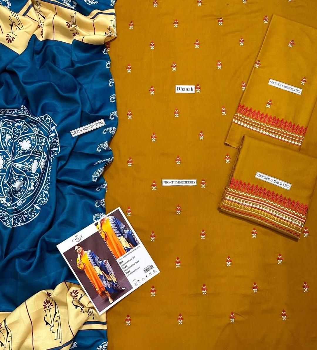 Mustard Embroidered 3 Pcs Women Suit with Blue Dupatta View Gallery - Pakistan