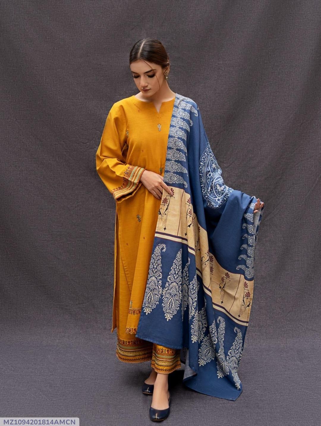 Mustard Embroidered 3 Pcs Women Suit with Blue Dupatta View Gallery - Pakistan