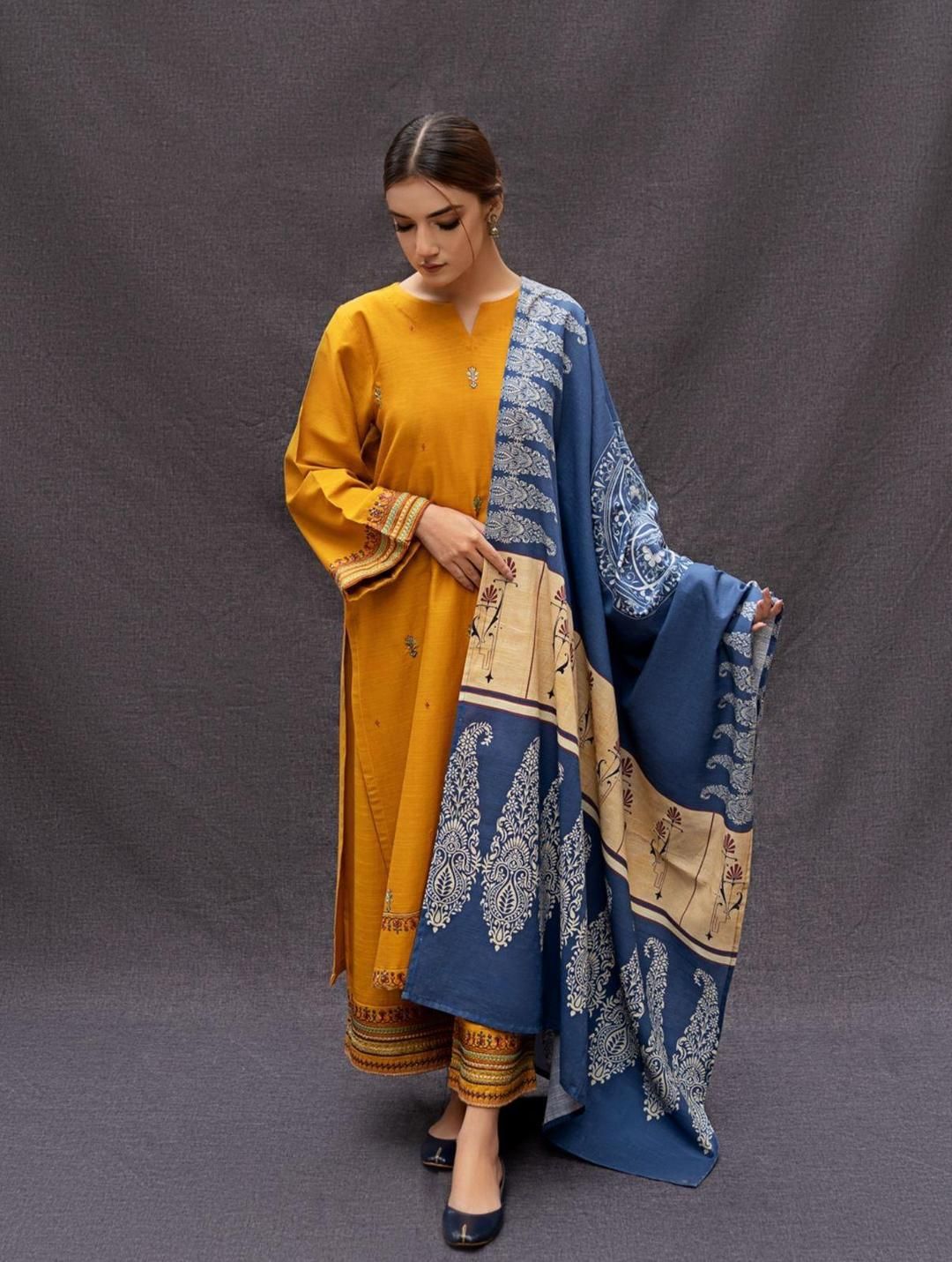 Mustard Embroidered 3 Pcs Women Suit with Blue Dupatta - Online Shopping in Pakistan - BUNDLIV